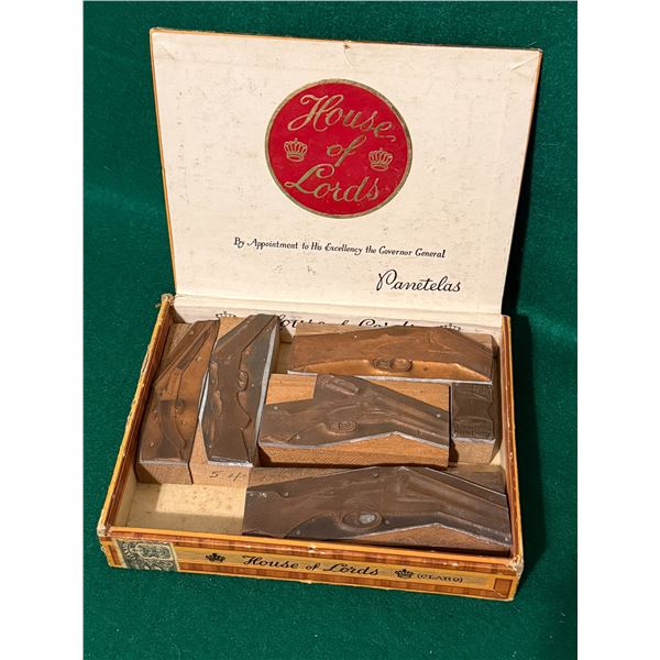 Vintage Letterpress Shotguns and Rifles Printing Blocks in Collector's House of Lords Cigar Box