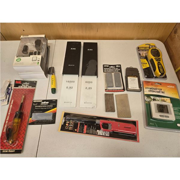 ASSORTED SHARPENING STONES, TESTERS, AND MEASURING TOOLS LOT