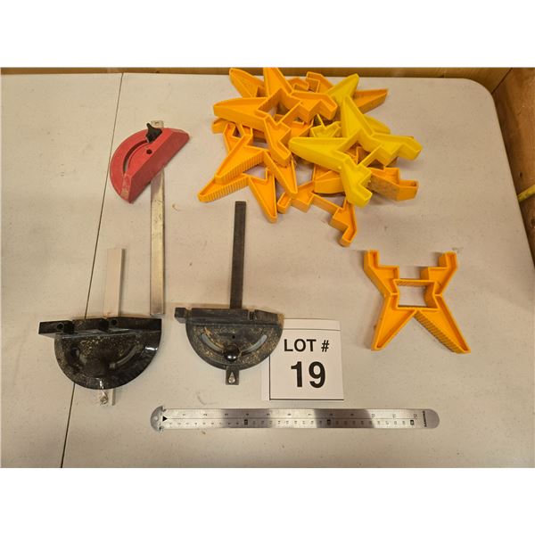 ASSORTED ANGLE GAUGES, SQUARES, AND CORNER CLAMPS
