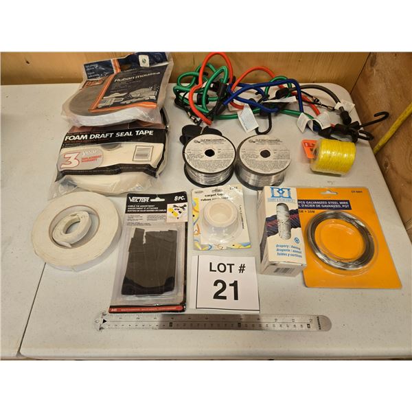 ASSORTED TAPE, WIRE, AND BUNGEE CORD LOT