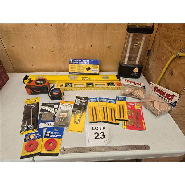 MEASURING TOOLS, HARDWARE, AND WOODWORKING ACCESSORIES LOT