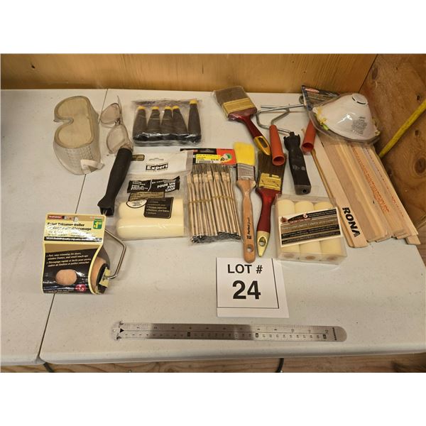 PAINTING TOOLS, ROLLERS, BRUSHES, AND SAFETY GEAR LOT