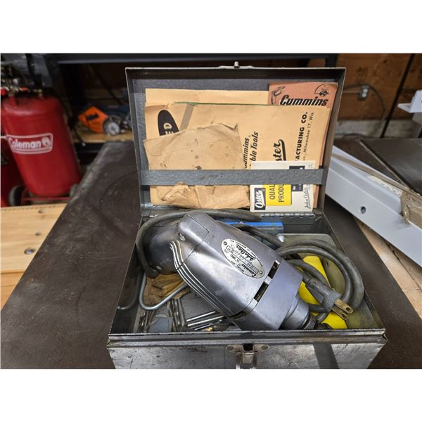 VINTAGE CUMMINS ELECTRIC DRILL WITH METAL CASE AND ACCESSORIES