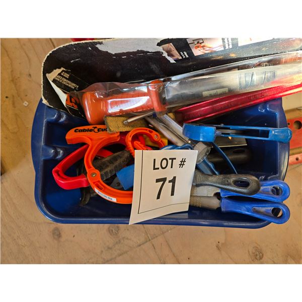 ASSORTED HAND TOOLS AND SHOP ACCESSORIES BIN