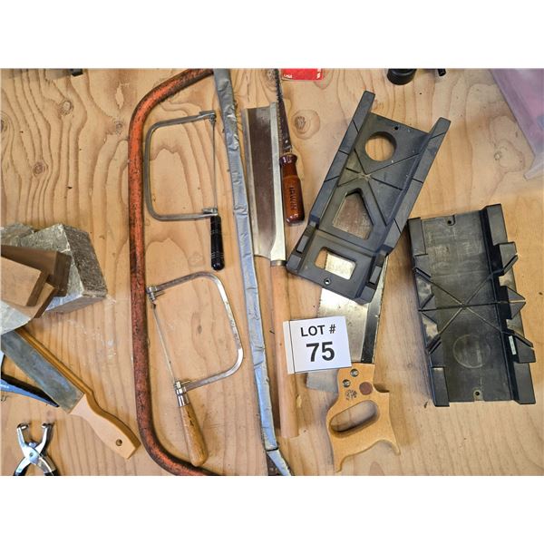 ASSORTED HAND SAWS, MITER BOX, AND WOODWORKING TOOLS
