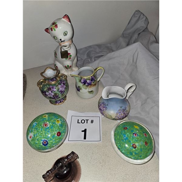 VINTAGE PORCELAIN CREAMERS, ART GLASS PAPERWEIGHTS & CAT FIGURE LOT