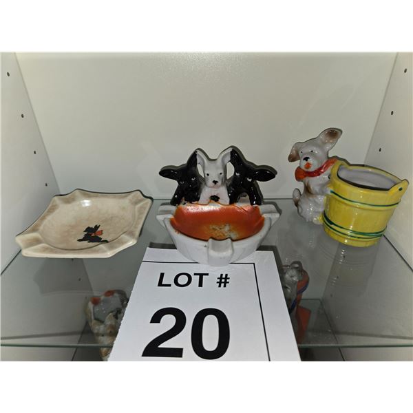 JAPANESE CERAMIC DOG ASHTRAYS AND TRAYS LOT OF 3