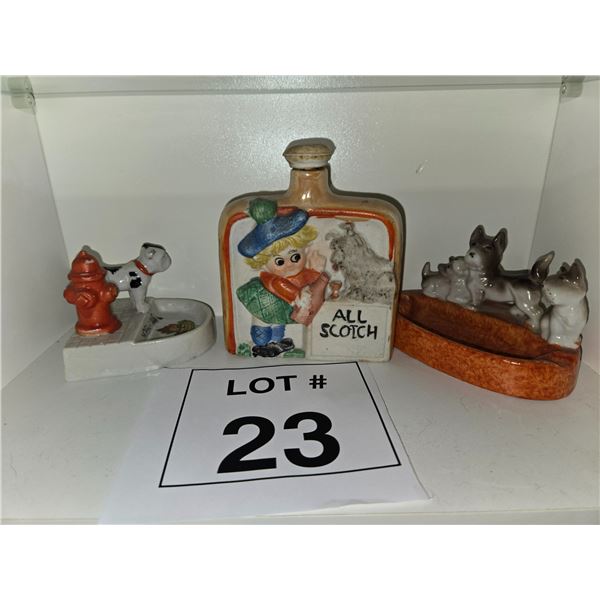 JAPANESE CERAMIC DOG ASHTRAYS AND FLASK LOT OF 3