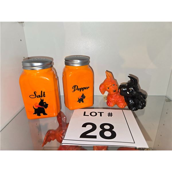 JAPANESE CERAMIC SCOTTIE DOG SALT AND PEPPER SET WITH FIGURINES