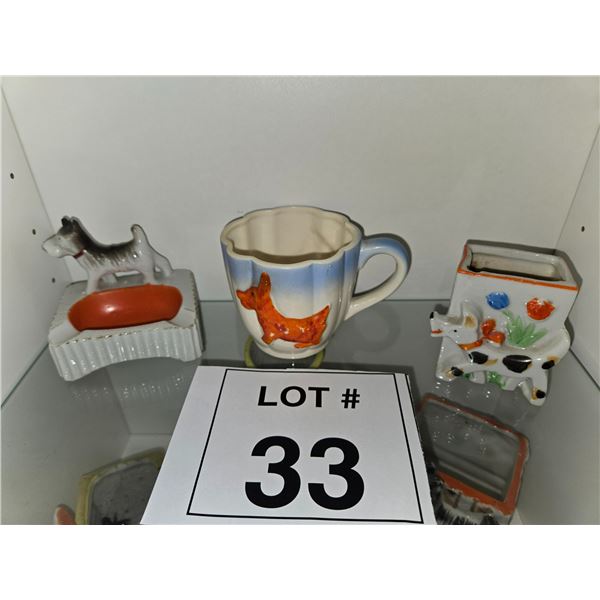 JAPANESE CERAMIC DOG ASHTRAY, MUG, AND PLANTER LOT OF 3