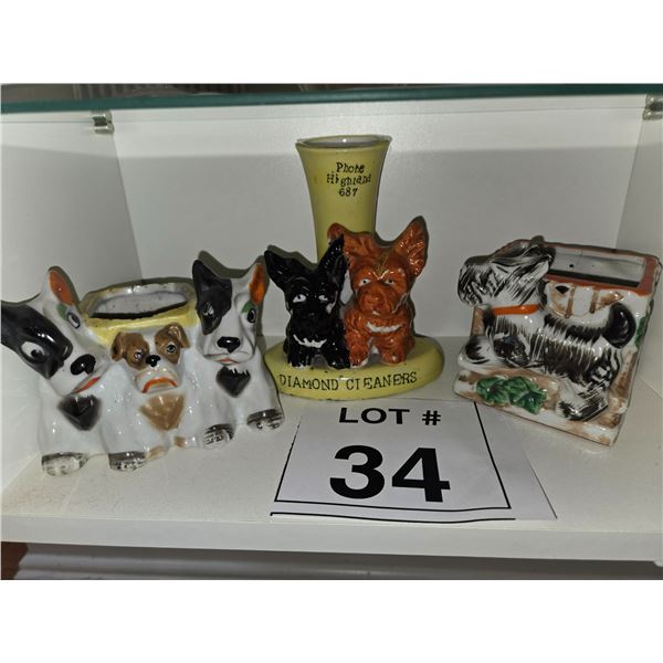 JAPANESE CERAMIC DOG ADVERTISING AND PLANTER LOT OF 4