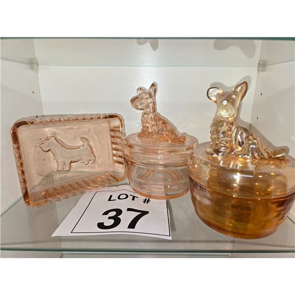 PINK DEPRESSION GLASS DOG POWDER JARS AND TRINKET DISH