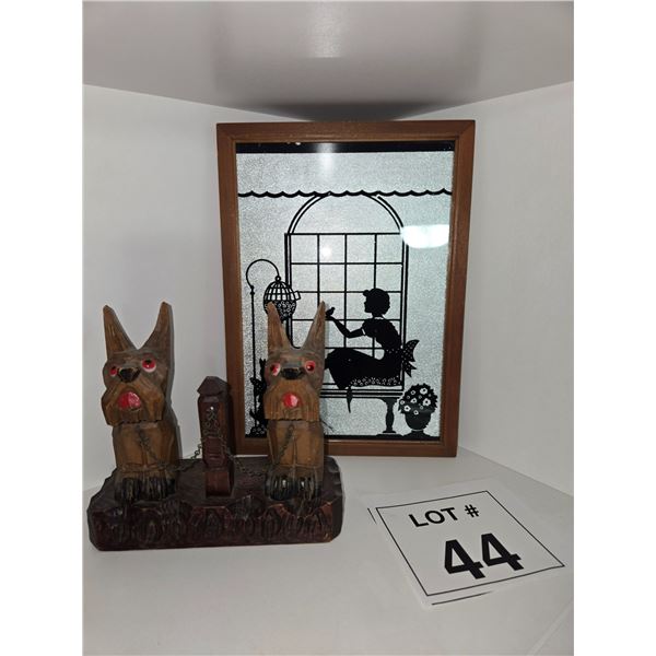 CARVED WOOD DOG FIGURE AND FRAMED SILHOUETTE ART
