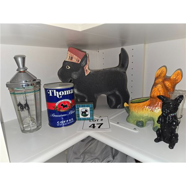 SCOTTIE DOG COLLECTIBLES INCLUDING COFFEE TIN AND CERAMIC PLANTERS