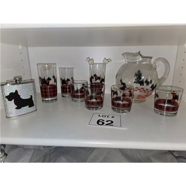SCOTTISH TERRIER PLAID GLASSWARE SET WITH FLASK & PITCHER
