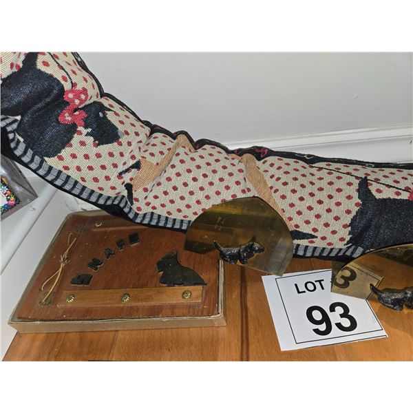 SCOTTISH TERRIER TEXTILE, BOOKENDS & METAL FIGURINE LOT