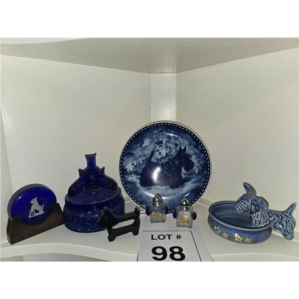 SCOTTISH TERRIER BLUE GLASS, CERAMIC & DESK ACCESSORIES LOT