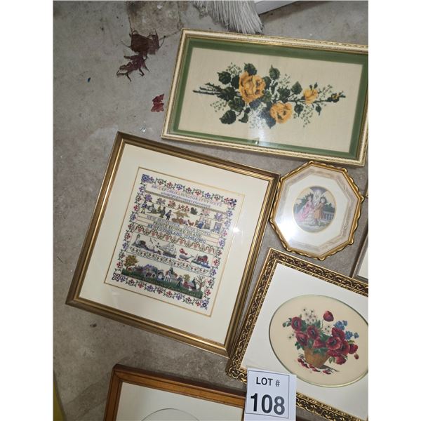 GROUP OF FRAMED NEEDLEWORK & PRINTED FLORAL ART