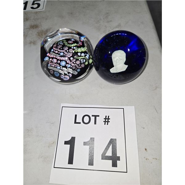 PAIR OF ART GLASS PAPERWEIGHTS INCLUDING MILLEFIORI AND CAMEO STYLE