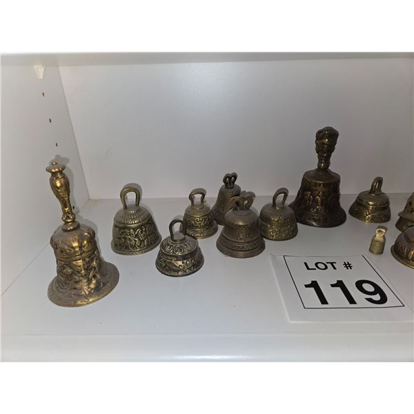 GROUP OF ORNATE BRASS HAND BELLS AND DECORATIVE BELLS