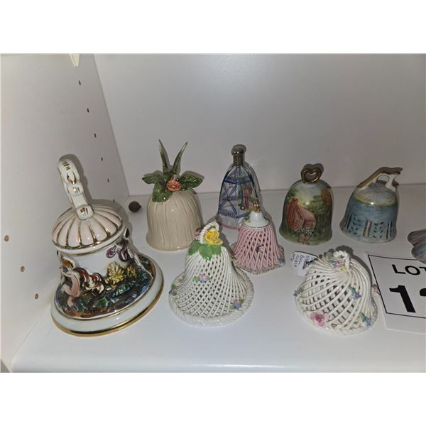 GROUP OF PORCELAIN AND GLASS FIGURAL BELLS