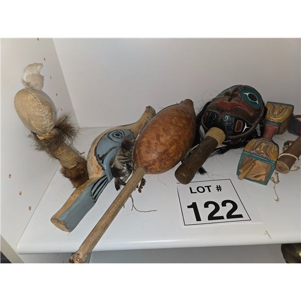 INDIGENOUS STYLE GOURD AND WOOD RATTLES & PERCUSSION OBJECTS