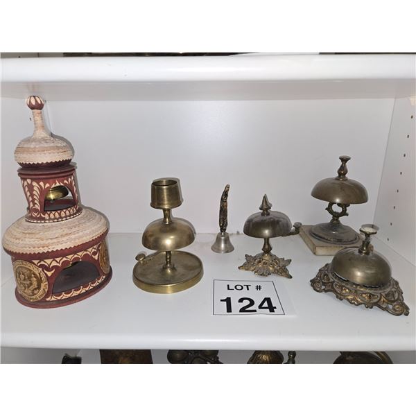 GROUP OF BRASS DESK BELLS AND DECORATIVE BELLS