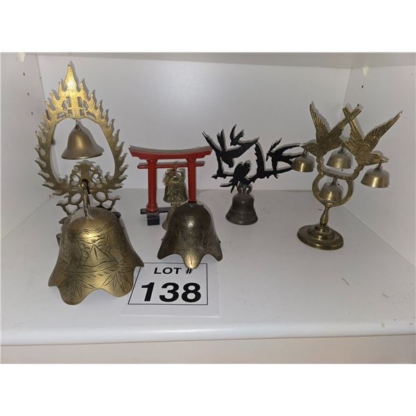 DECORATIVE BRASS BELLS WITH ASIAN AND BIRD MOTIFS