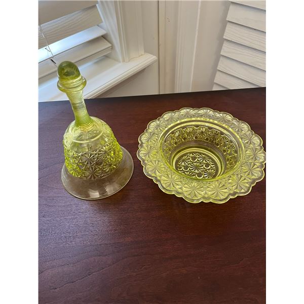 URANIUM GLASS BUTTER DISH WITH BELL TOP