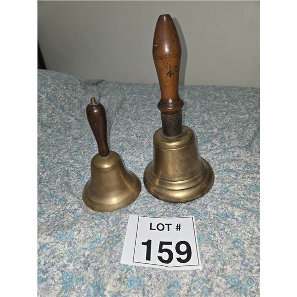 PAIR OF BRASS HAND SCHOOL BELLS WITH WOOD HANDLES