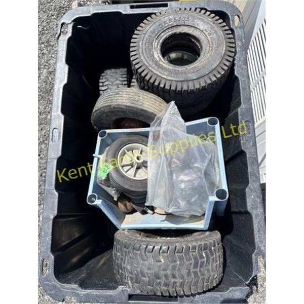 BIN OF ASSORTED LAWN MOWER TIRES USED
