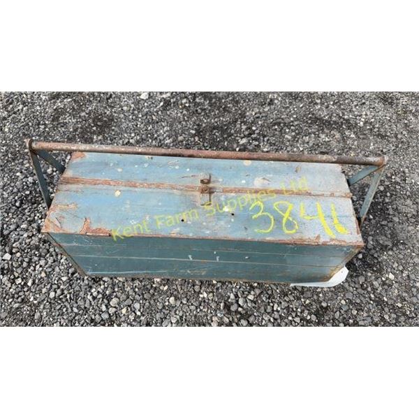 ANTIQUE METAL TOOL BOX AND TOOLS