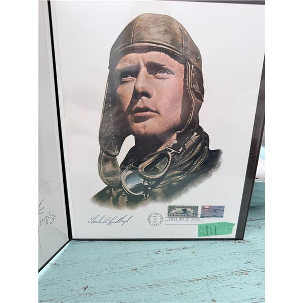 FRAMED CHARLES A. LINDBERGH FIRST DAY OF ISSUE COMMEMORATIVE PRINT