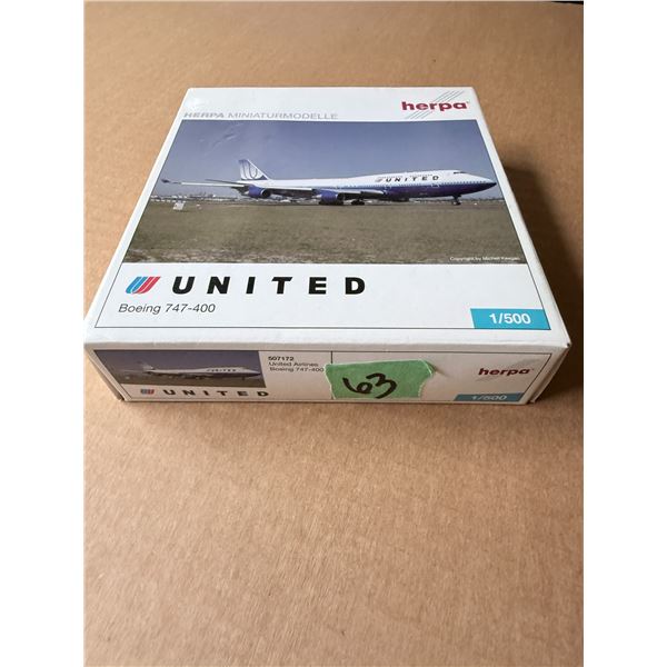 HERPA UNITED AIRLINES BOEING 747-400 MODEL AIRPLANE 1:500 DIECAST