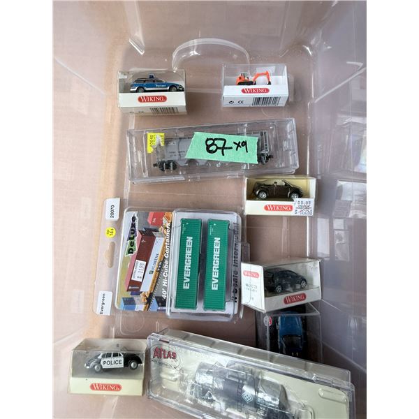 MIXED LOT WIKING MODEL VEHICLES AND MODEL RAILROAD CARS