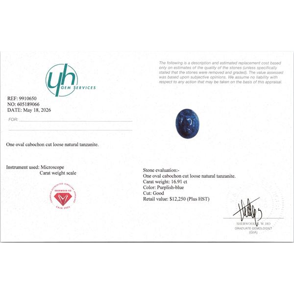 16.91 ct NATURAL OVAL CABOCHON-CUT TANZANITE ( $12,250 APPRAISAL )