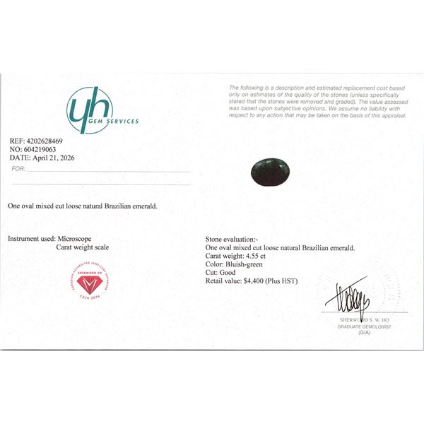 4.55 ct NATURAL OVAL MIXED-CUT BRAZILIAN EMERALD ( $4,400 APPRAISAL )