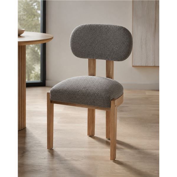 Grey Upholstered Dining Chair with Natural Wood Frame