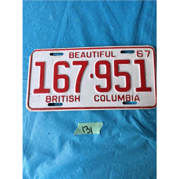 BRITISH COLUMBIA LICENSE PLATE 1967