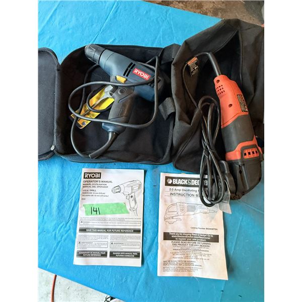 GROUP OF RYOBI; BLACK & DECKER DRILL; OSCILLATING TOOL WITH CARRYING BAGS AND MANUALS