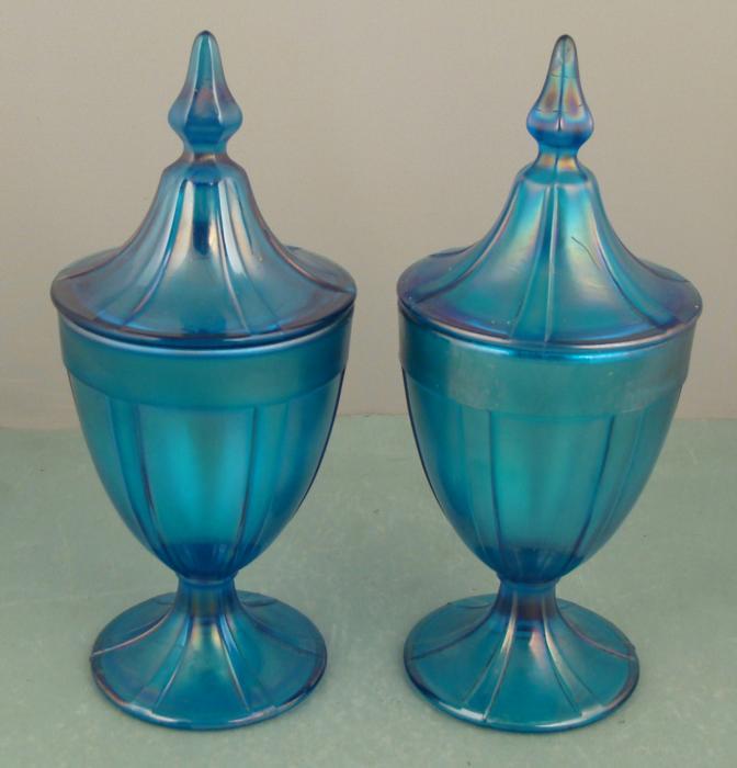 Pair Vintage Blue Carnival Gl Apothecary Jars